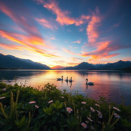 A stunning landscape of a sunrise over a serene lake surrounded by majestic mountains, with vibrant colors in the sky reflecting on the water's surface