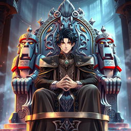 An anime-style book cover showcasing a striking man with jet black hair and captivating brown eyes, sitting regally on a magnificent silver throne