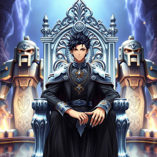 An anime-style book cover showcasing a striking man with jet black hair and captivating brown eyes, sitting regally on a magnificent silver throne