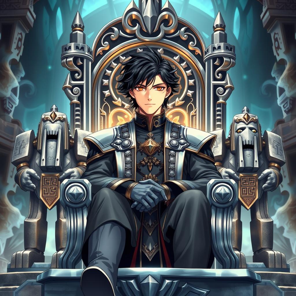 An anime-style book cover showcasing a striking man with jet black hair and captivating brown eyes, sitting regally on a magnificent silver throne