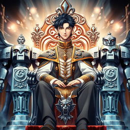 An anime-style book cover showcasing a striking man with jet black hair and captivating brown eyes, sitting regally on a magnificent silver throne