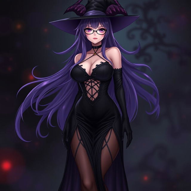 A sexy demonic anime girl witch with long, flowing purple hair framing her beautiful face and stylish glasses that add to her enchanting allure