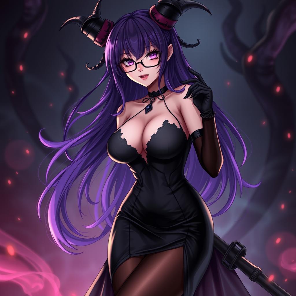 A sexy demonic anime girl witch with long, flowing purple hair framing her beautiful face and stylish glasses that add to her enchanting allure