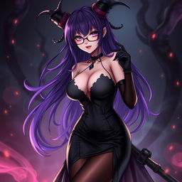 A sexy demonic anime girl witch with long, flowing purple hair framing her beautiful face and stylish glasses that add to her enchanting allure