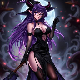 A sexy demonic anime girl witch with long, flowing purple hair framing her beautiful face and stylish glasses that add to her enchanting allure