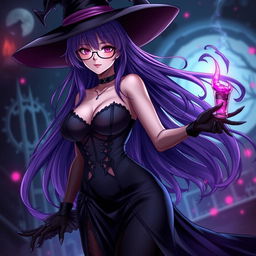 A sexy demonic anime girl witch with long, flowing purple hair framing her beautiful face and stylish glasses that add to her enchanting allure
