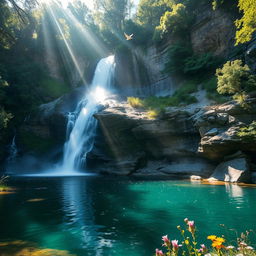 A breathtaking waterfall cascading down a rocky cliff surrounded by lush green forest