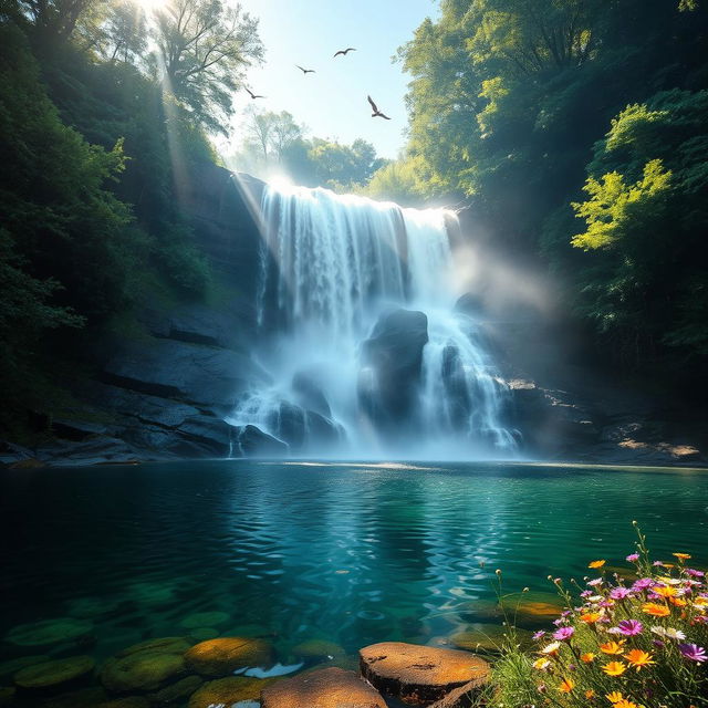 A breathtaking waterfall cascading down a rocky cliff surrounded by lush green forest