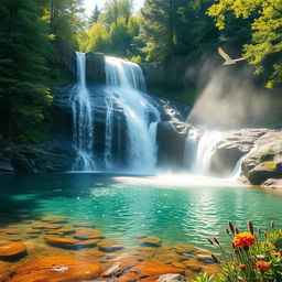 A breathtaking waterfall cascading down a rocky cliff surrounded by lush green forest