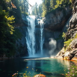 A breathtaking waterfall cascading down a rocky cliff surrounded by lush green forest