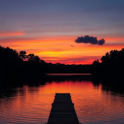 A serene sunset landscape, with vibrant hues of orange, pink, and purple reflecting off a calm lake