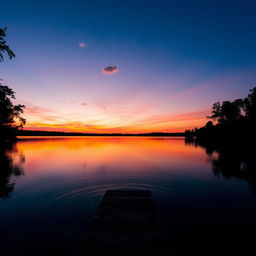 A serene sunset landscape, with vibrant hues of orange, pink, and purple reflecting off a calm lake