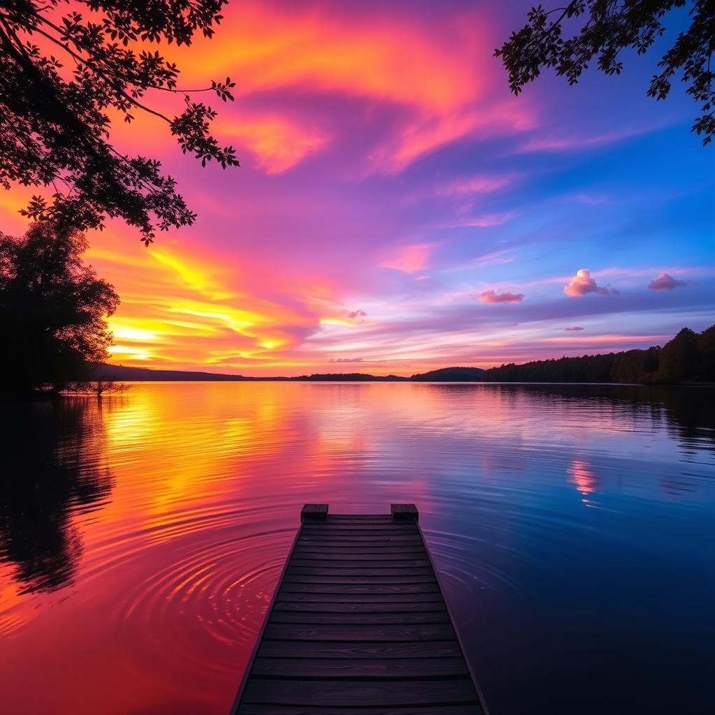 A serene sunset landscape, with vibrant hues of orange, pink, and purple reflecting off a calm lake