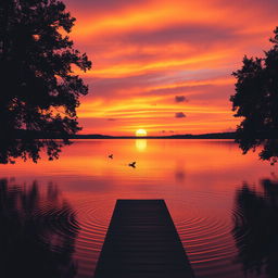 A serene sunset landscape, with vibrant hues of orange, pink, and purple reflecting off a calm lake