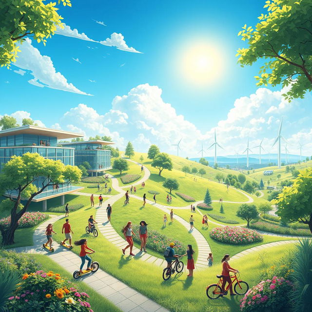 A vibrant illustration of a futuristic kibenton, featuring lush green landscapes interspersed with advanced technology