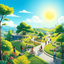 A vibrant illustration of a futuristic kibenton, featuring lush green landscapes interspersed with advanced technology