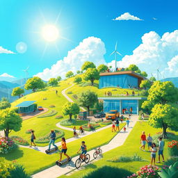 A vibrant illustration of a futuristic kibenton, featuring lush green landscapes interspersed with advanced technology
