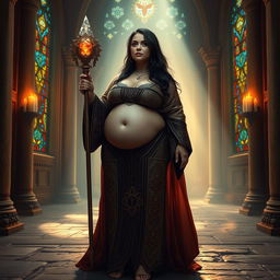 A voluptuous priestess with a thick figure and large breasts, wearing an intricate, flowing robe adorned with symbols of her faith