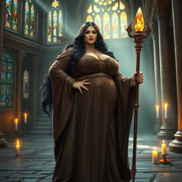 A voluptuous priestess with a thick figure and large breasts, wearing an intricate, flowing robe adorned with symbols of her faith