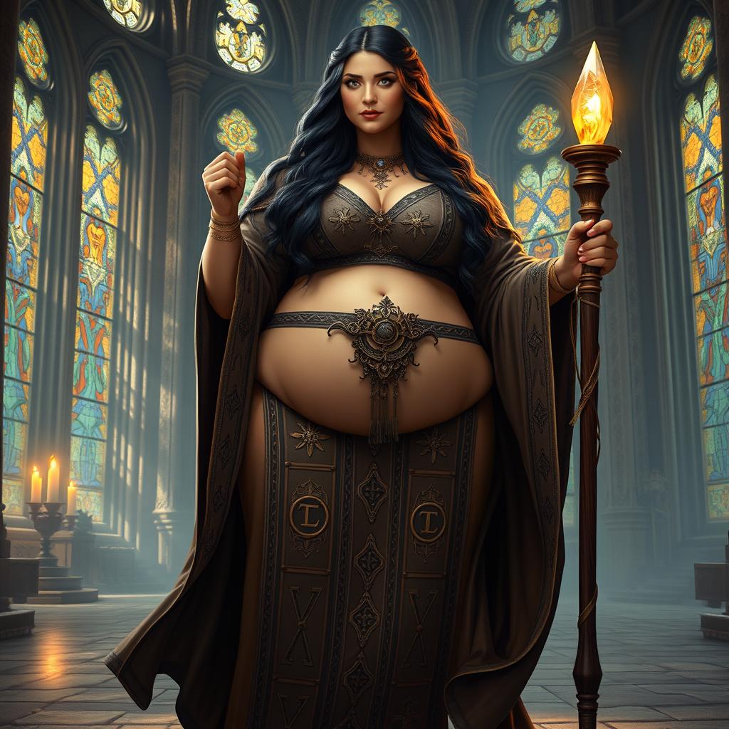 A voluptuous priestess with a thick figure and large breasts, wearing an intricate, flowing robe adorned with symbols of her faith