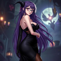 A sexy demonic anime girl witch with long, luxurious purple hair cascading down her back, wearing stylish glasses that accentuate her alluring features