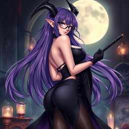 A sexy demonic anime girl witch with long, luxurious purple hair cascading down her back, wearing stylish glasses that accentuate her alluring features