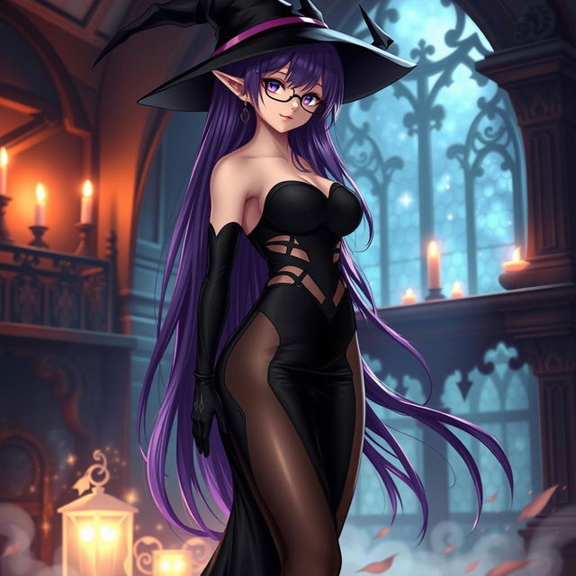 A sexy demonic anime girl witch with long, luxurious purple hair cascading down her back, wearing stylish glasses that accentuate her alluring features