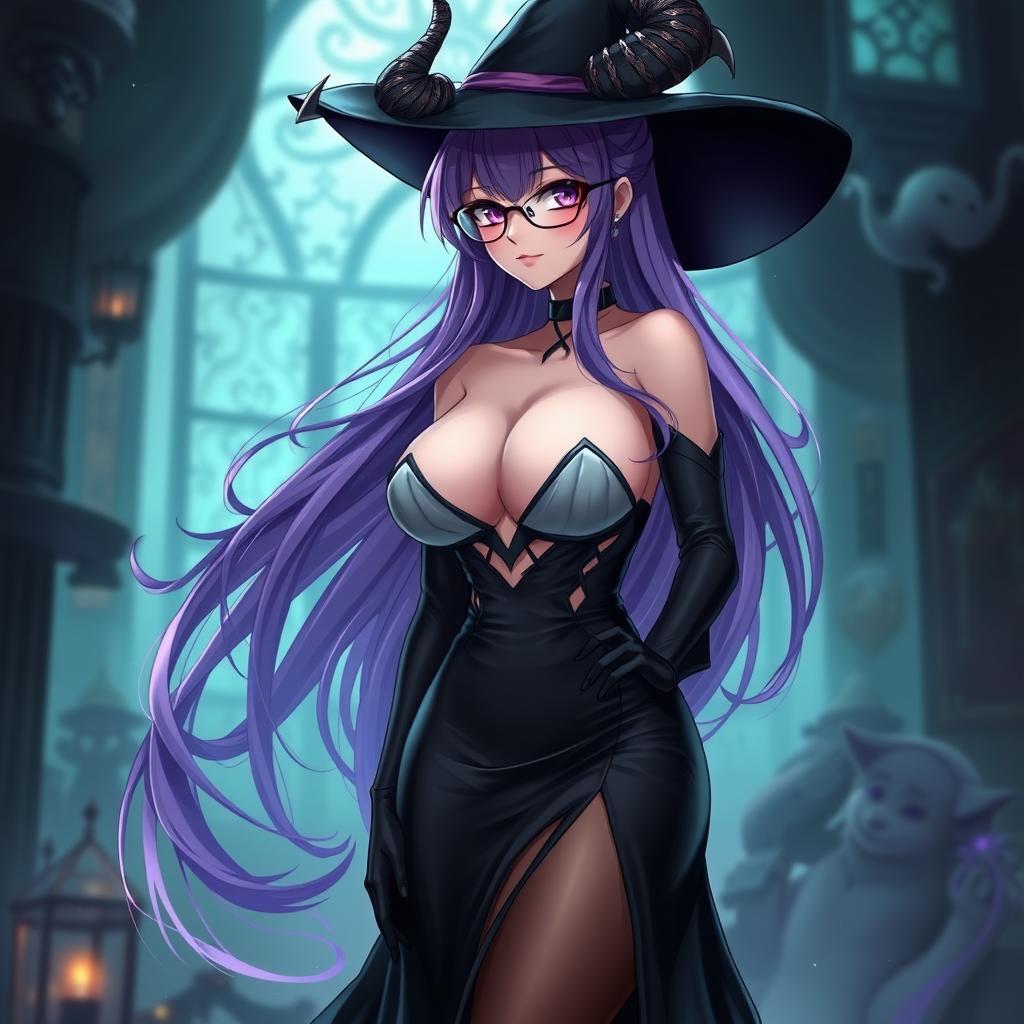 A sexy demonic anime girl witch with long, luxurious purple hair cascading down her back, wearing stylish glasses that accentuate her alluring features