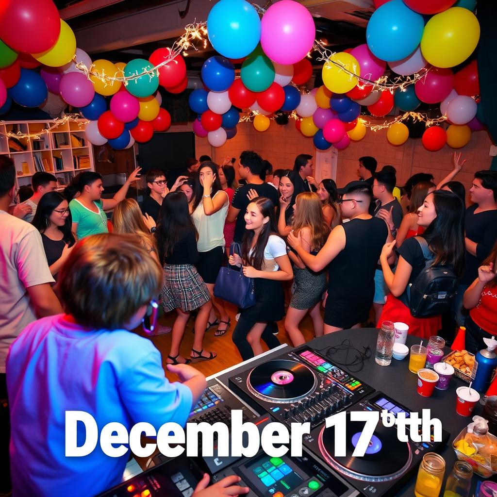 A lively school dance party scene taking place on December 17th