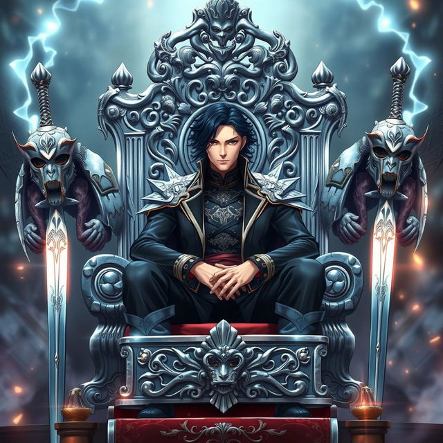 An intricately designed anime-style book cover showcasing a commanding man with deep black hair and piercing brown eyes, seated confidently on an ornate silver throne