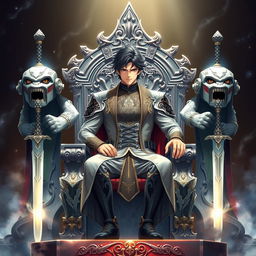 An intricately designed anime-style book cover showcasing a commanding man with deep black hair and piercing brown eyes, seated confidently on an ornate silver throne