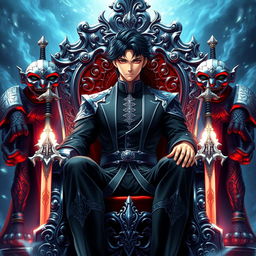 An intricately designed anime-style book cover showcasing a commanding man with deep black hair and piercing brown eyes, seated confidently on an ornate silver throne