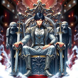 An intricately designed anime-style book cover showcasing a commanding man with deep black hair and piercing brown eyes, seated confidently on an ornate silver throne