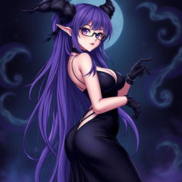 A sexy demonic anime girl witch with long, luxurious purple hair cascading elegantly down her back, adorned with stylish glasses that accentuate her captivating eyes