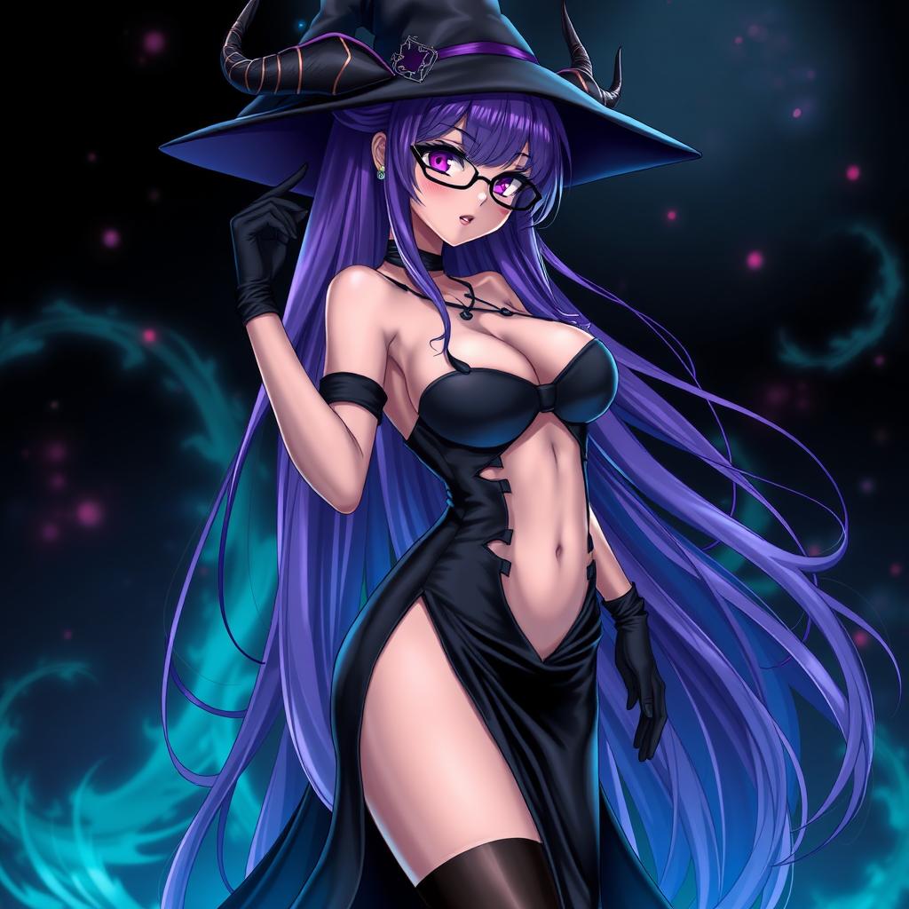 A sexy demonic anime girl witch with long, luxurious purple hair cascading elegantly down her back, adorned with stylish glasses that accentuate her captivating eyes