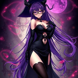 A sexy demonic anime girl witch with long, luxurious purple hair cascading elegantly down her back, adorned with stylish glasses that accentuate her captivating eyes
