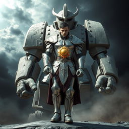 Um homem imponente vestindo uma armadura de prata reluzente, com o símbolo de um sol brilhante em seu peito, está de pé como o rei dos golems