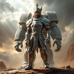 Um homem imponente vestindo uma armadura de prata reluzente, com o símbolo de um sol brilhante em seu peito, está de pé como o rei dos golems