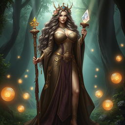 A fantasy priestess characterized by her curvaceous figure, featuring a big ass and huge breasts, dressed in a luxurious, flowing gown with intricate patterns and details that shimmer in the light