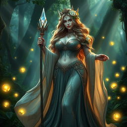 A fantasy priestess characterized by her curvaceous figure, featuring a big ass and huge breasts, dressed in a luxurious, flowing gown with intricate patterns and details that shimmer in the light