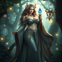 A fantasy priestess characterized by her curvaceous figure, featuring a big ass and huge breasts, dressed in a luxurious, flowing gown with intricate patterns and details that shimmer in the light