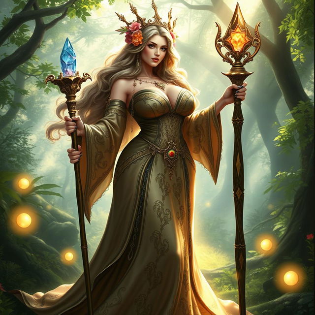 A fantasy priestess characterized by her curvaceous figure, featuring a big ass and huge breasts, dressed in a luxurious, flowing gown with intricate patterns and details that shimmer in the light