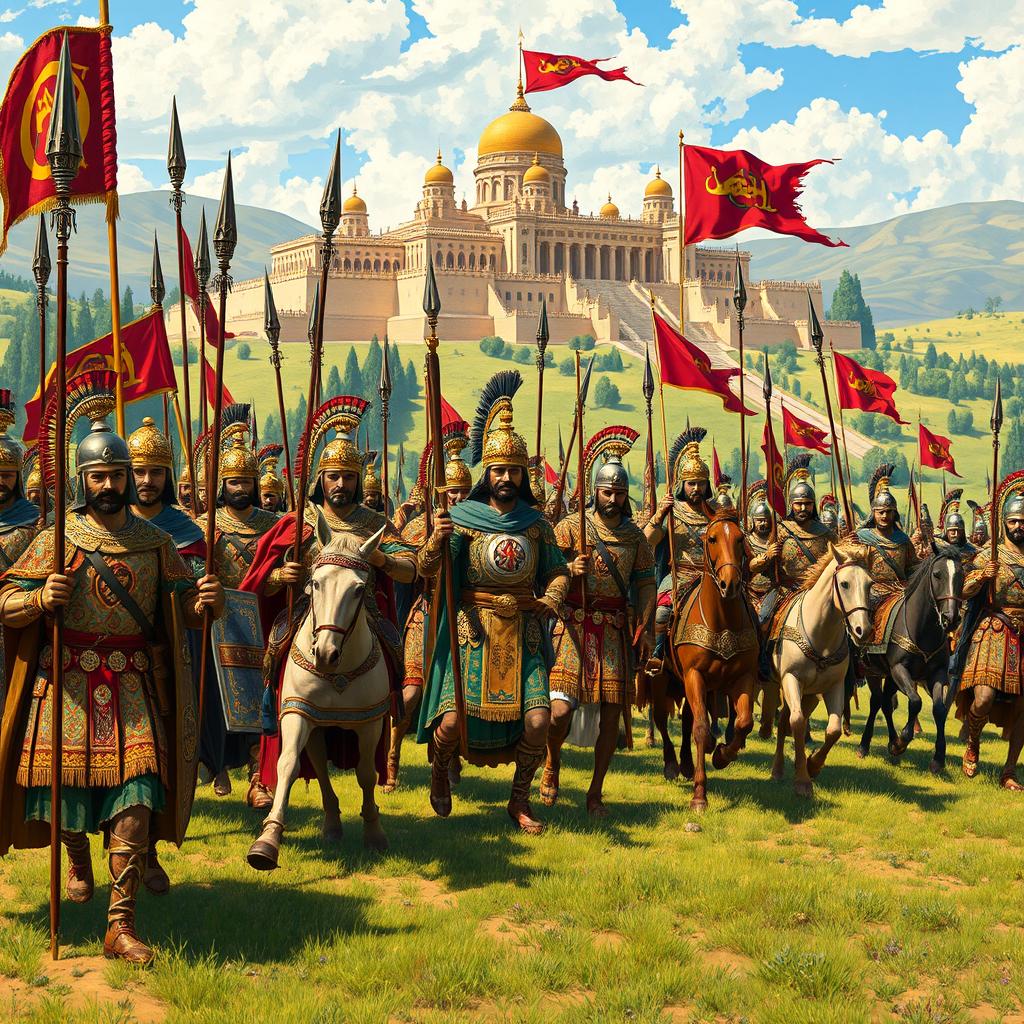 A magnificent scene depicting an Achaemenid army from ancient Persia, showcasing a diverse array of soldiers dressed in elaborate, colorful armor and traditional attire