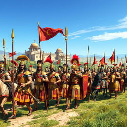 A magnificent scene depicting an Achaemenid army from ancient Persia, showcasing a diverse array of soldiers dressed in elaborate, colorful armor and traditional attire