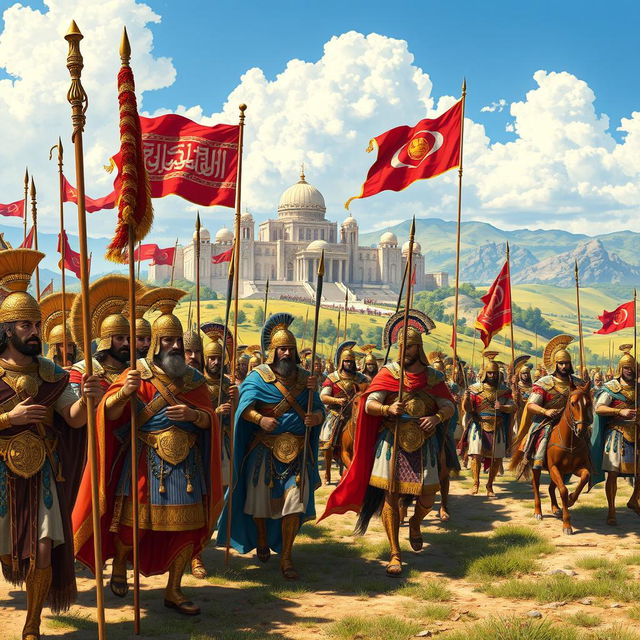 A magnificent scene depicting an Achaemenid army from ancient Persia, showcasing a diverse array of soldiers dressed in elaborate, colorful armor and traditional attire