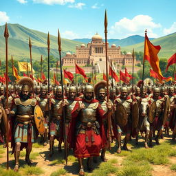A magnificent scene depicting an Achaemenid army from ancient Persia, showcasing a diverse array of soldiers dressed in elaborate, colorful armor and traditional attire