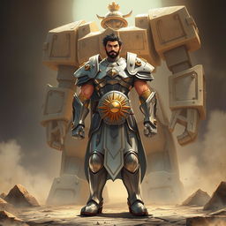 Um homem imponente vestindo uma armadura de prata brilhante, com o símbolo de um sol reluzente em seu peito, no estilo anime