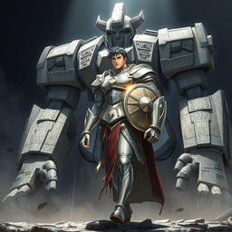 Um homem imponente vestindo uma armadura de prata brilhante, com o símbolo de um sol reluzente em seu peito, no estilo anime