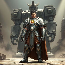 Um homem imponente vestindo uma armadura de prata brilhante, com o símbolo de um sol reluzente em seu peito, no estilo anime