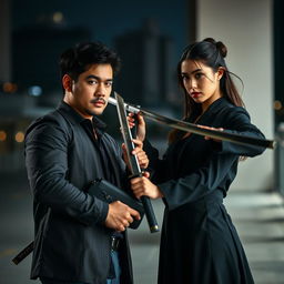 A tense standoff between a husband and wife, both ready for battle